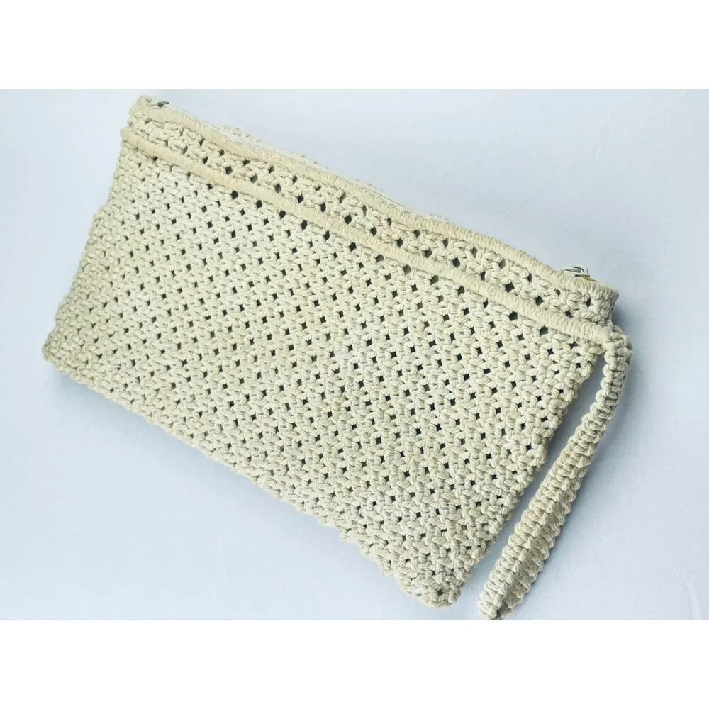 ~ Boho Macrame Wristlet Bag Clutch Purse Festival Cream Wood Beads Handbag